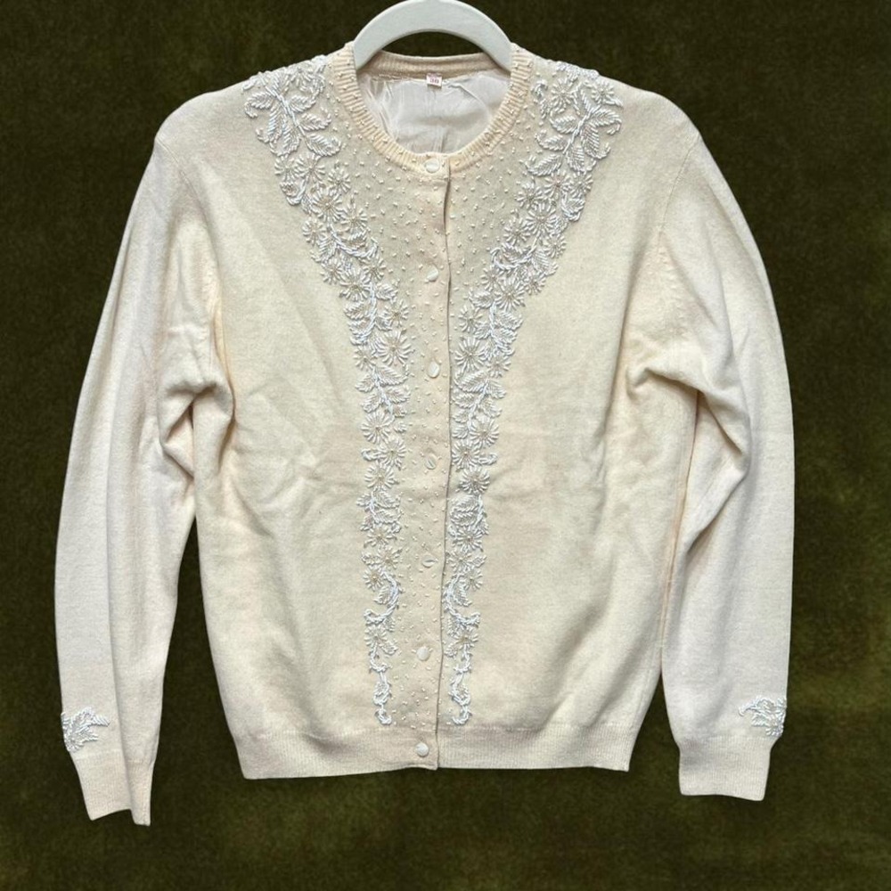 True Vintage 1950s Hand-Beaded Silk Lined Cocktail Cardigan Modern Small